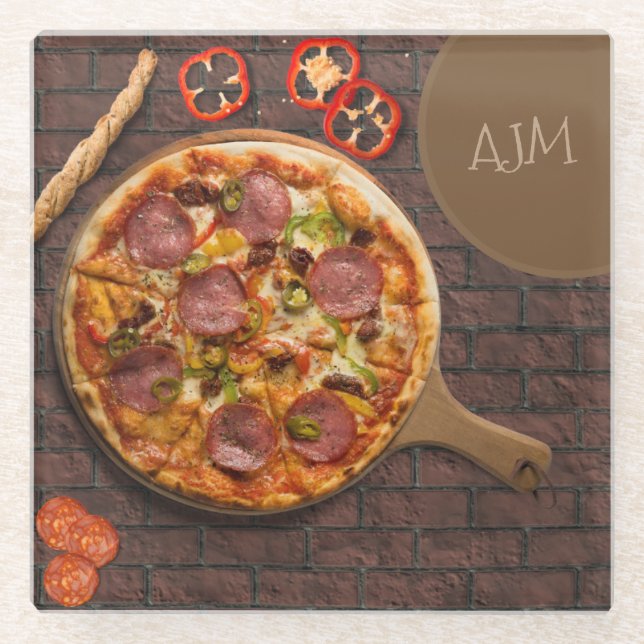 Monogram Supreme Pizza Party Glass Coaster (Front)