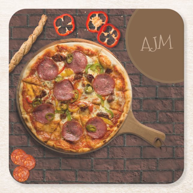 Monogram Supreme Pizza Party Square Paper Coaster (Front)