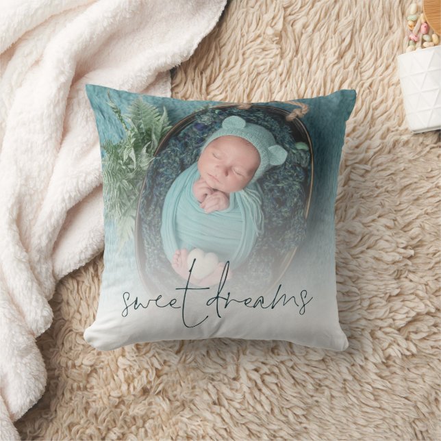 Monogram Sweet Dreams Baby Photo Turquoise Cushion (Blanket)