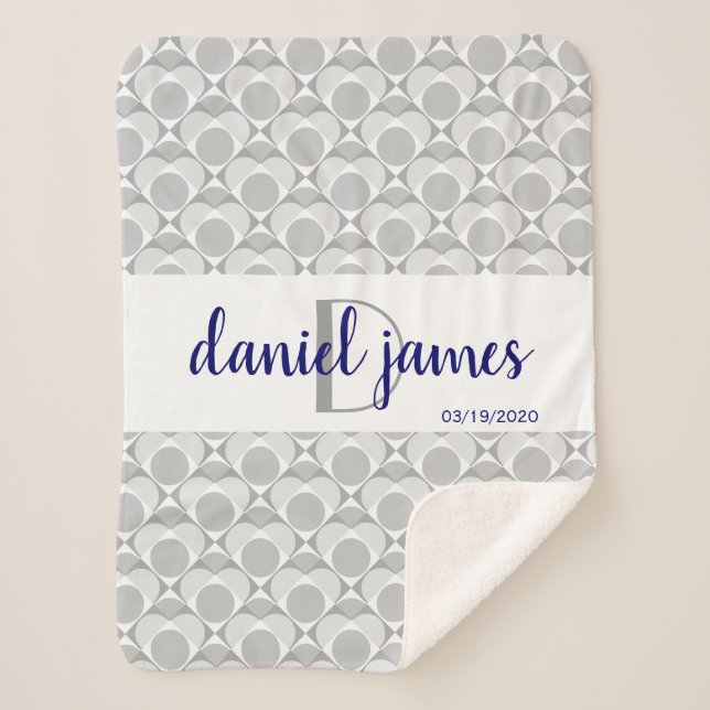 Monogram, sweet heart geometric grey/white/navy sherpa blanket (Front)