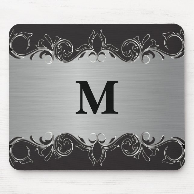 Monogram Swirl Black and Silver Design Mouse Pad (Front)