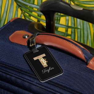Monogram T black wood letter flower Luggage Tag