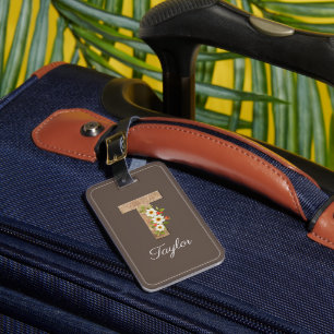 Monogram T brown wood letter flower Luggage Tag
