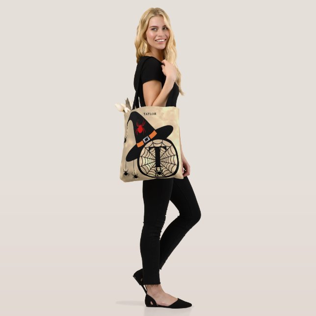 Monogram T Cloudy Witch Spiders Name All-Over Tote Bag (On Model)