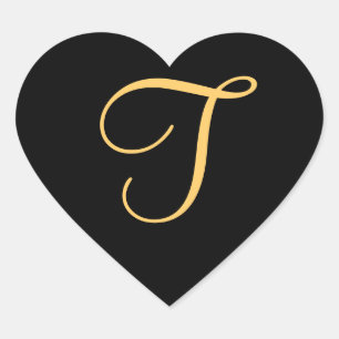 Monogram T,  gold coloured initial T on black, Heart Sticker