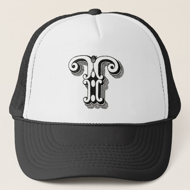 Monogram T, Letter T, Alphabet T, Black and White Trucker Hat (Front)
