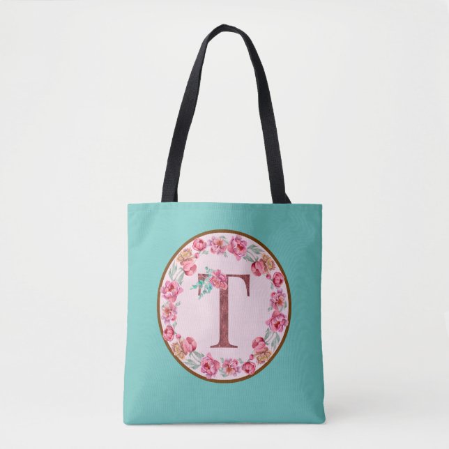 Monogram T Letter with Peony Flower Image Tote Bag (Front)