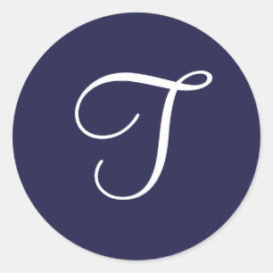 Monogram T, White on Navy Blue, Classic Round Sticker