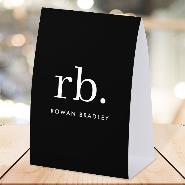 Monogram Table Tent | Black Tabletop Name Sign (Sleek black modern monogram paper table tent nameplate sign.)