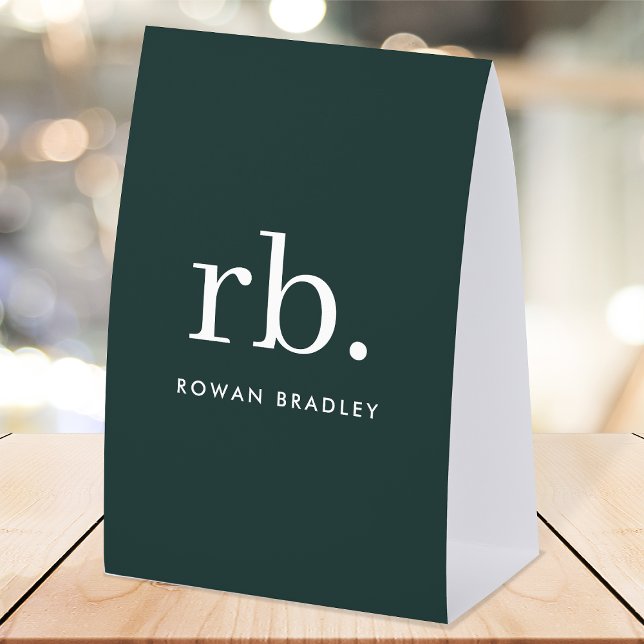 Monogram Table Tent | Green Tabletop Name Sign (Stylish dark green custom monogram paper table tent nameplate sign.)