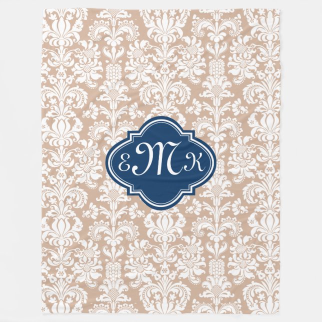 Monogram Tan And White Floral Damasks Fleece Blanket (Front)