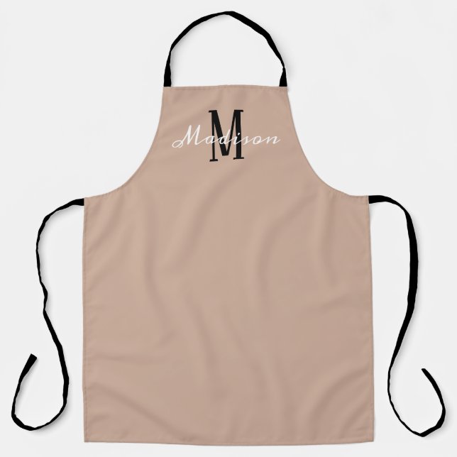 Monogram Tan Black Modern Script Personalised Apron (Front)