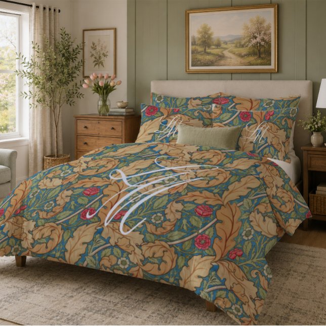 Monogram tan blue William Morris floral Marigold Pillowcase (Creator Uploaded)