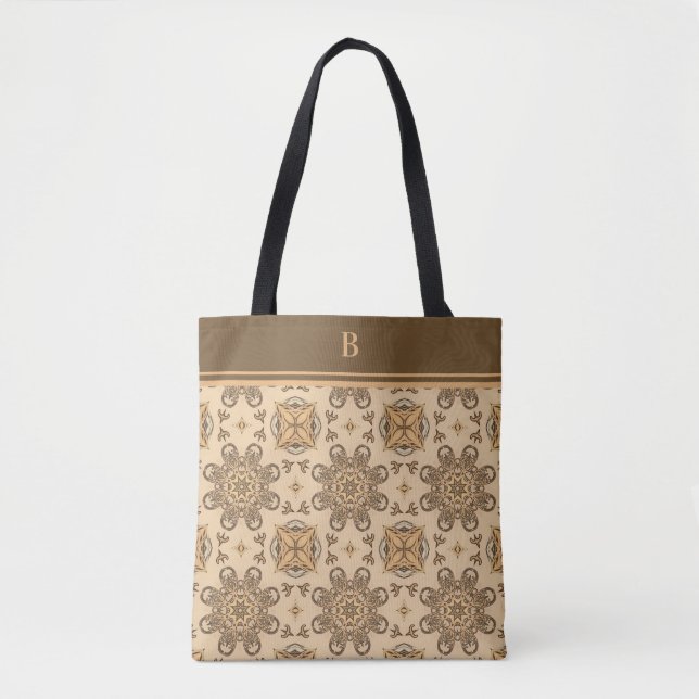 Monogram Tan Brown Abstract Boho Flower Pattern Tote Bag (Front)