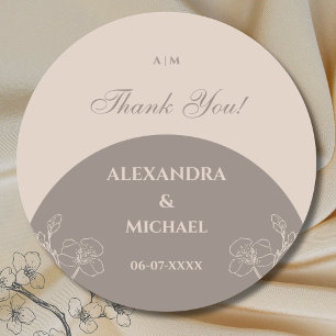 Monogram Taupe Floral Japandi Wedding Thank You Classic Round Sticker