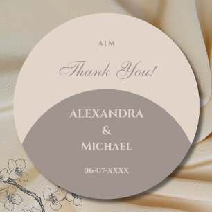 Monogram Taupe Japandi Wedding Thank You Classic Round Sticker