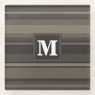 Monogram taupe stripes glass coaster