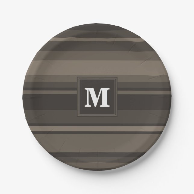 Monogram taupe stripes paper plate (Front)