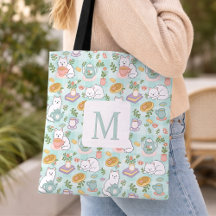 Monogram Tea & Bookish Cats Tote Bag Mint Green