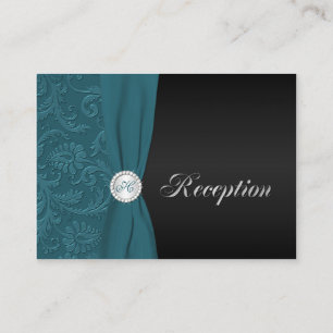 Monogram Teal and Black Damask Enclosure Card