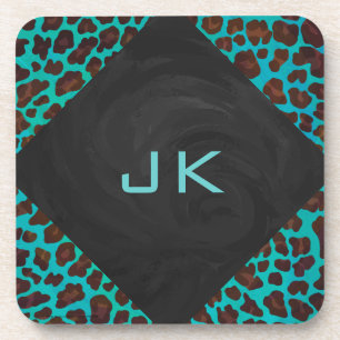 Monogram Teal and Brown Leopard Coaster
