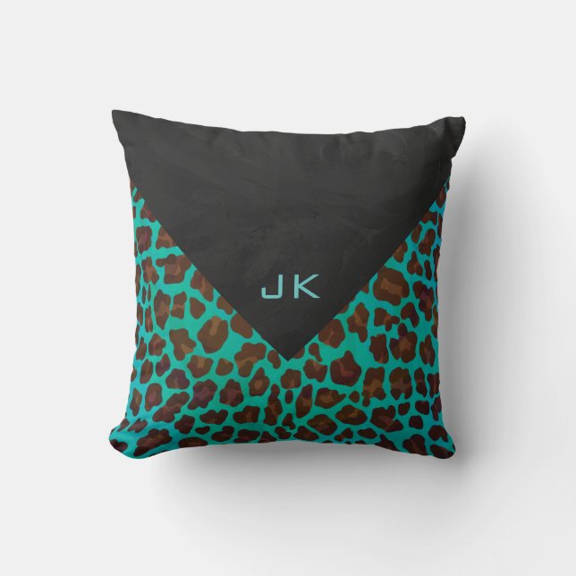 Monogram Teal and Brown Leopard Cushion (Front)