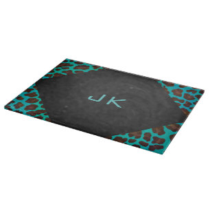 Monogram Teal and Brown Leopard Cutting Board