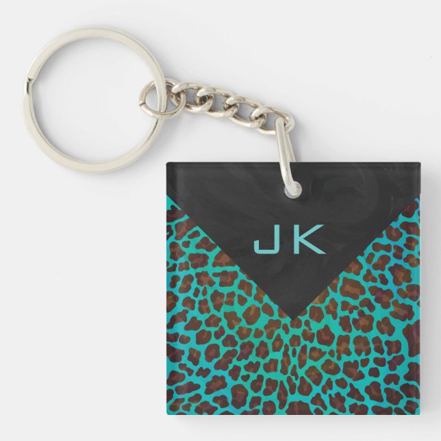 Monogram Teal and Brown Leopard Key Ring (Front)
