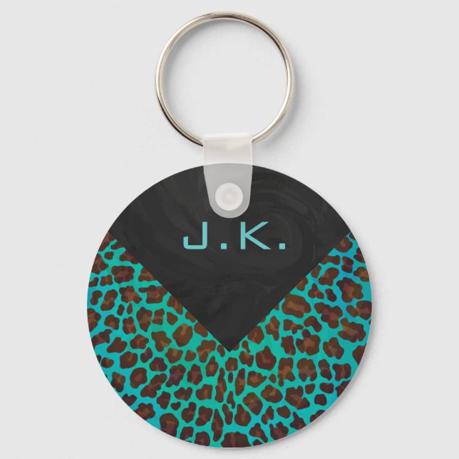 Monogram Teal and Brown Leopard Key Ring (Front)