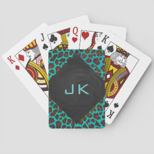 Monogram Teal and Brown Leopard Playing Cards