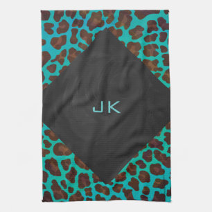 Monogram Teal and Brown Leopard Tea Towel