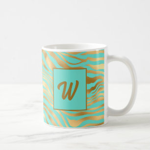 Monogram Teal and Gold Animal Print Coffee Mug