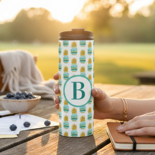Monogram Teal and Gold Glitter Pineapple Thermal Tumbler