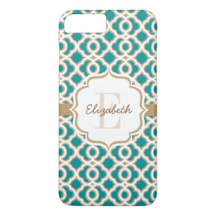 Monogram Teal and Gold Quatrefoil iPhone 8 Plus/7 Plus Case