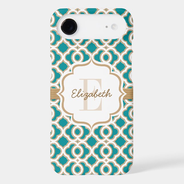 Monogram Teal and Gold Quatrefoil Case-Mate iPhone Case (Back)
