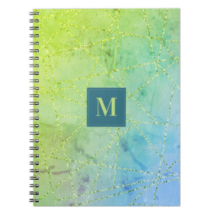 Monogram Teal and Lime Green Glitter Geometric Notebook