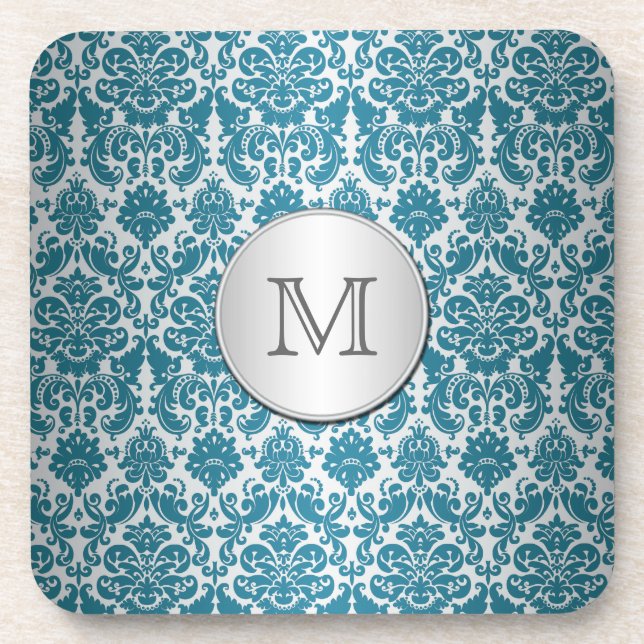 Monogram Teal and Silver Damask Coaster Set (6) (Front)