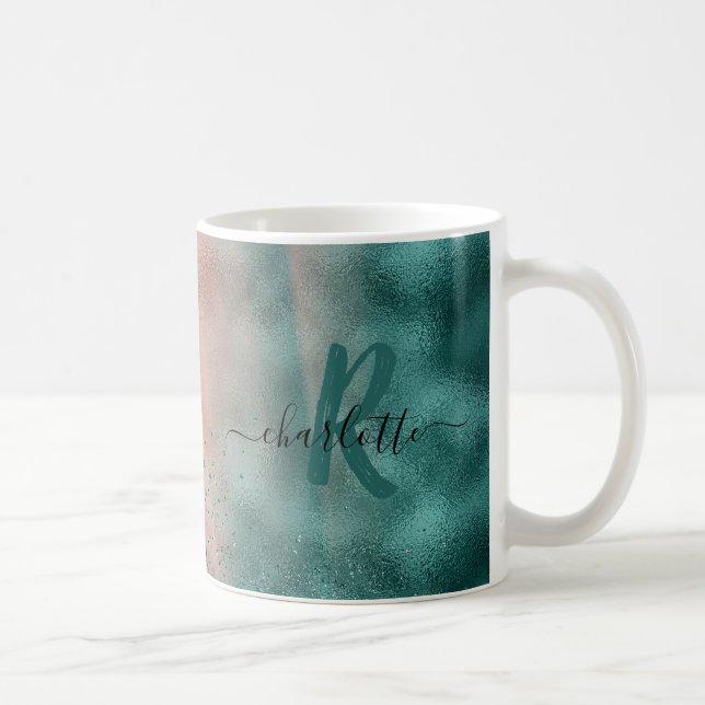 Monogram Teal and Soft Blush Pink Ombre Foil Coffee Mug (Right)