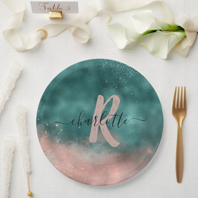 Monogram Teal and Soft Blush Pink Ombre Foil Paper Plate (Wedding)