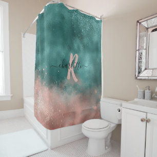 Monogram Teal and Soft Blush Pink Ombre Foil Shower Curtain