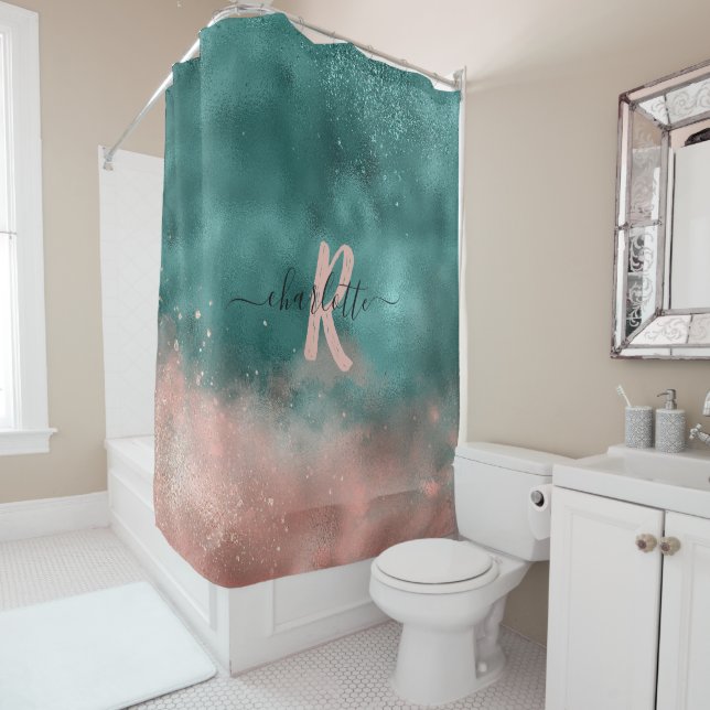 Monogram Teal and Soft Blush Pink Ombre Foil Shower Curtain (In Situ)