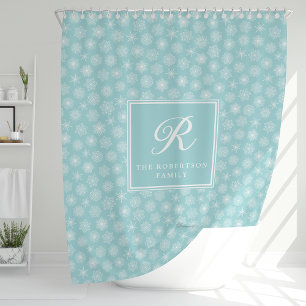 Monogram Teal Aqua Blue Snowflakes Coastal Shower Curtain