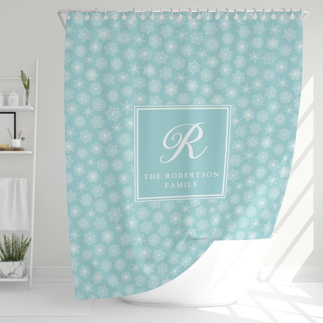 Monogram Teal Aqua Blue Snowflakes Coastal Shower Curtain (Creator Uploaded)