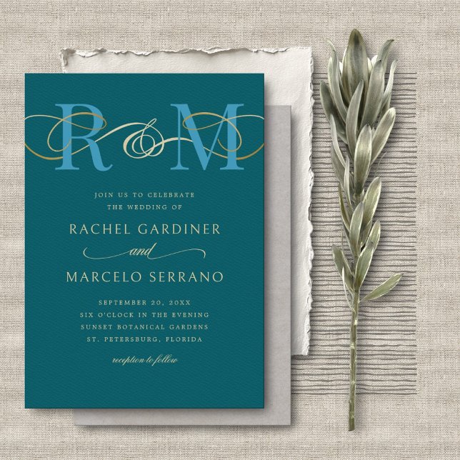 Monogram Teal Aqua Turquoise QR Code Wedding Invitation (Creator Uploaded)