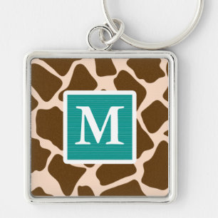 Monogram Teal Blue Brown Giraffe Print Keychain