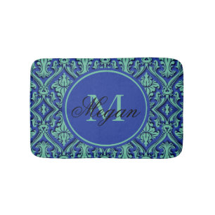 Monogram Teal Blue Damask Embossed Style Bath Mat