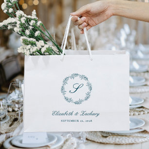 Monogram Teal Blue Foliage Wreath Wedding Large Gift Bag