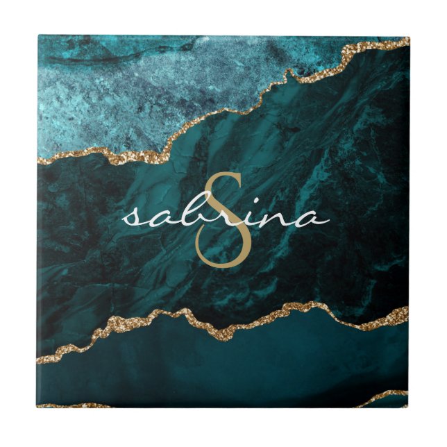 Monogram Teal Blue Gold Agate Geode Ceramic Tile (Front)