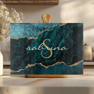 Monogram Teal Blue Gold Agate Geode Cutting Board