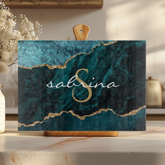 Monogram Teal Blue Gold Agate Geode Cutting Board (Creator Uploaded)